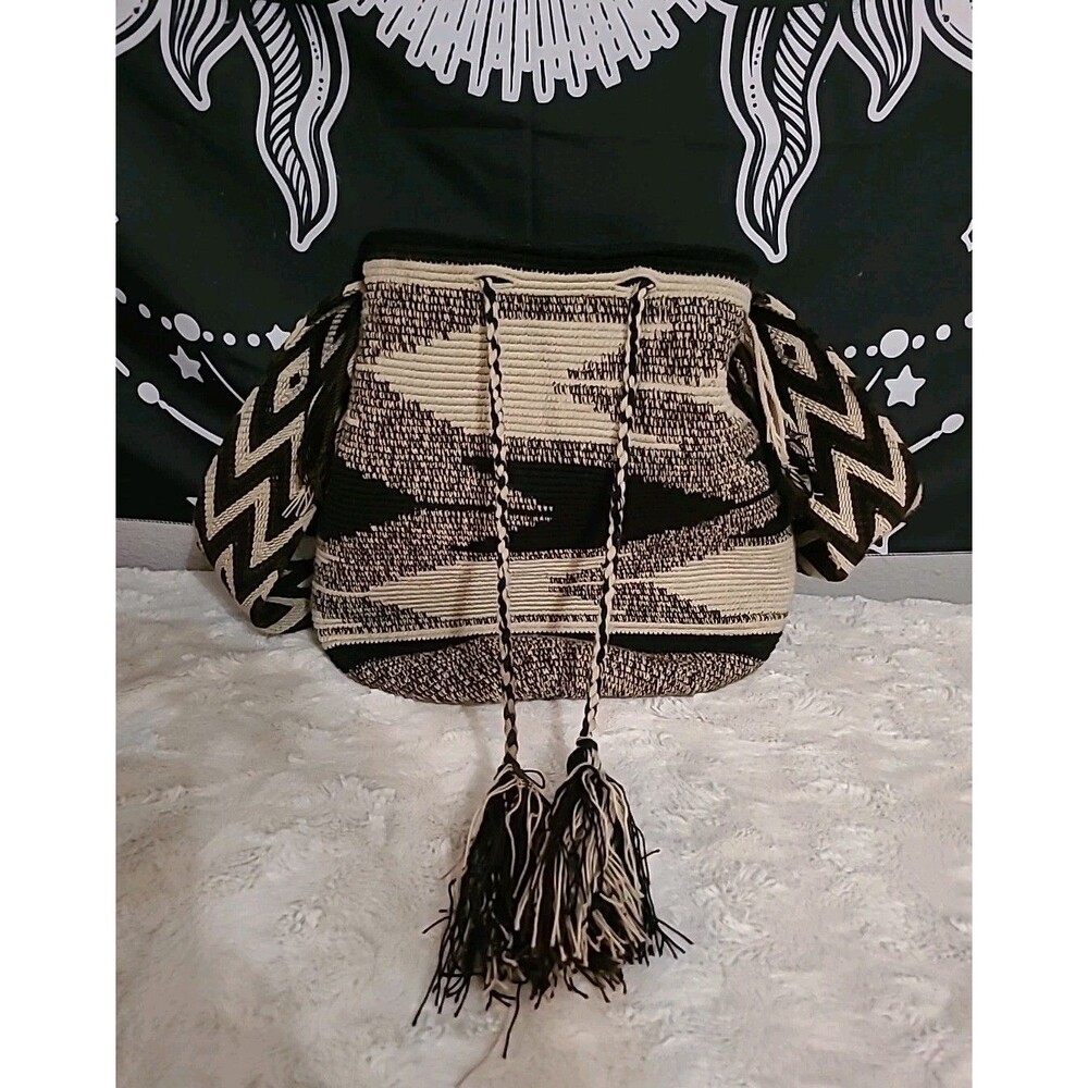 Colombian Wayuu Mochila Crochet Fringe Drawstring Bucket Crossbody Bag Fall - Picture 2 of 9